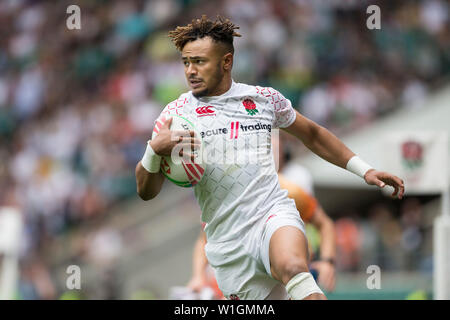 26. Mai 2019, Großbritannien, London: Die vorletzten Turnier der HSBC World Rugby Sevens Serie am 25. und 26. Mai 2019 in London (GB). Femi Sofolarin (England, 13). Foto: Jürgen Kessler/dpa Stockfoto