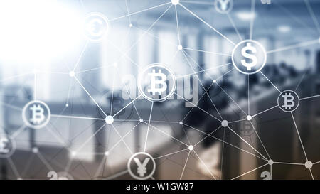 Double Exposure Bitcoin und blockchain Konzept. Digitale Wirtschaft und Währung Stockfoto