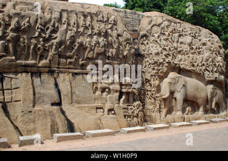 Denkmal Abstieg des Flusses Ganga, Mahabalipuram, Tamil Nadu, Indien Stockfoto