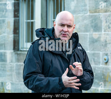 Schottische Partnerschaft gegen ländlichen Kriminalität SPARC Einführung bekämpfung Vieh Angriffe durch Hunde, Penicuik Mid Lothian House, Midlothian. mit DCS John McKenzie sprechen Stockfoto