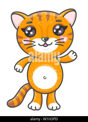 Süße tiger cartoon Vector Illustration. Smiling Baby Tier Tiger in kawaii Stil auf weißem Hintergrund. Stock Vektor