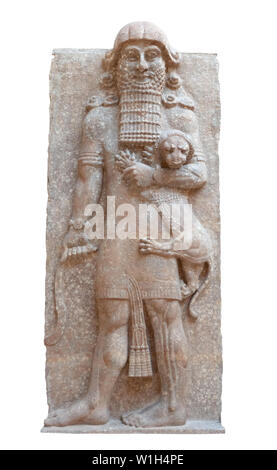 Gilgamesch als Master der Tiere, greifen ein Löwe in seinem linken Arm und Schlange in seiner rechten Hand in einem Assyrischen palace Entlastung von dur-sharrukin Stockfoto