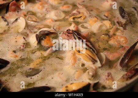 Fischsauce mit Muscheln, Garnelen, Krabben, Muscheln Stockfoto