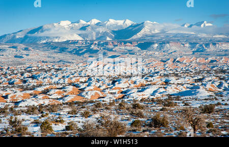 Schnee decken redrock versteinerte Dünen im Arches National Park mit der La Sals Bergkette am Horizont. (C) 2012 Tom Kelly Stockfoto