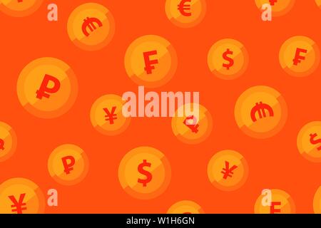 Vector Hintergrund orange Farbe mit goldenen Münzen von gängigen Währungen. Nahtlose Muster mit durchgeschleift Textur für Web Design, Banner und Textil. Stock Vektor