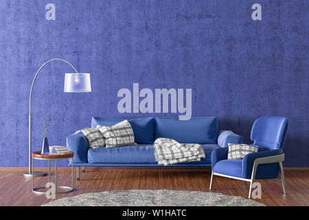 Innenraum der modernen Wohnzimmer mit blauen Beton Wand- und Holzböden. Blauen Stoff Couch, Stehleuchte, Couchtisch mit Vase und Bücher und Fell ru Stockfoto