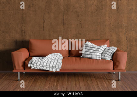 Braunes Leder Couch im Inneren von Wohnzimmer mit Holzfußboden und braunen Wand. 3D-Darstellung Stockfoto