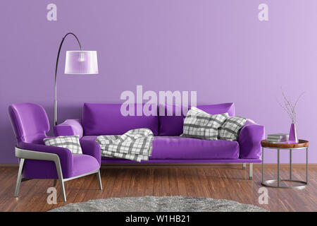 Innenraum der modernen Wohnzimmer mit rosafarbenen Wänden und Holzböden. Fuchsia Stoff Couch, Stehleuchte, Couchtisch mit Vase und Bücher und Fell Teppich. 3d Stockfoto