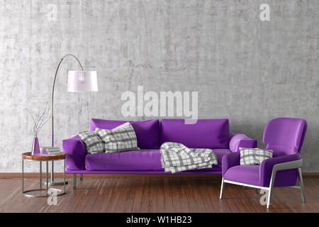 Innenraum der modernen Wohnzimmer mit Beton Wand- und Holzböden. Fuchsia Stoff Couch, Stehleuchte, Couchtisch mit Vase und Bücher. 3d-illustra Stockfoto