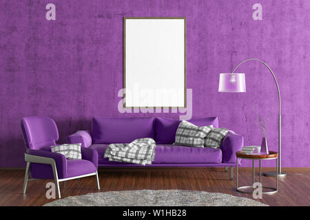 Vertikale leer Poster auf Violett Betonwand im Inneren des modernen Wohnzimmer mit fuchsia Ledercouch und Sessel, Stehlampe und Niederlassungen in Vas Stockfoto