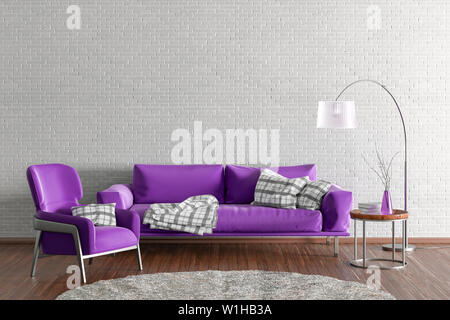 Innenraum der modernen Wohnzimmer mit weißen Backsteinmauer und Holzböden. Fuchsia Stoff Couch, Stehleuchte, Couchtisch mit Vase und Bücher und Fell r Stockfoto