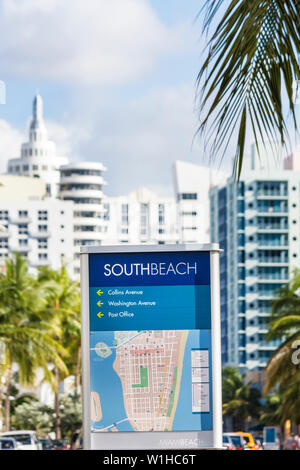 Miami Beach Florida, Ocean Drive, South Beach, Schild, Logo, Lage, Richtung, Besucherinformationen, Straßenkarte, Branding-Kampagne, Besucher reisen nach Stockfoto