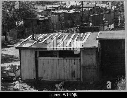 Oildale, Kern County, Kalifornien. Shacktown auf Kern County Wasser Eigentum des Unternehmens, betreut durch die. . .; Umfang und Inhalt: Die Bildunterschrift lautet wie folgt: Oildale, Kern County, Kalifornien. Shacktown auf Kern County Wasser Eigentum des Unternehmens, betreut von der Grafschaft. Familien bauten ihre eigenen Hütten hier Aus welchen Materialien sie finden konnten oder zu erwerben. Grundrente ist kostenlos. Stockfoto