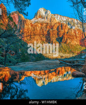 Anzeigen und Reflexion der schneebedeckten Berge von Emerald Pool Trail. Zion National Park. Utah. USA Stockfoto