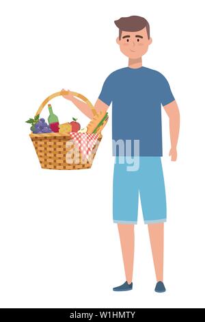 Man Cartoon in Picknick Design, Essen Sommer Outdoor Freizeitaktivitäten gesunden Frühling Mittag- und Abendessen Thema Vector Illustration Stock Vektor