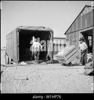 Poston, Arizona. Verlagerung von Güterverkehr direkt von Poston zu künftigen Wohnungen zurück in Kalifornien. Diese Box. . .; Umfang und Inhalt: Der vollständige Titel für dieses Foto lautet: Poston, Arizona. Verlagerung von Güterverkehr direkt von Poston zu künftigen Wohnungen zurück in Kalifornien. Diese Felder wurden auf großen auf semi Trucks im Camp Lastwagen geladen und direkt an Ihr Ziel. Navaho indischer Junge auf dem Lkw war einer der vielen Mitarbeiter mit dieser Arbeit zu helfen. Einheiten II und III des Colorado River Relocation Center, Poston, Arizona, treffen, um Ihre geplanten Schließungen vor Ablauf der Frist. Diese zwei Lager, die an Stockfoto