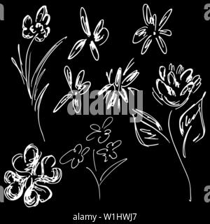 Abstrakte Wildblumen Umrisse auf schwarzen Hintergrund isoliert. Hand Vector Illustration gezeichnet. Wildblumen Sammlung. Doodle Stil. Stock Vektor