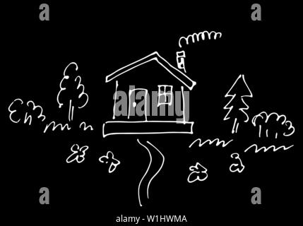 Skizze der Landschaft Haus von Bäumen und Blumen auf schwarzem Hintergrund umgeben. Hand Vector Illustration gezeichnet. Stock Vektor