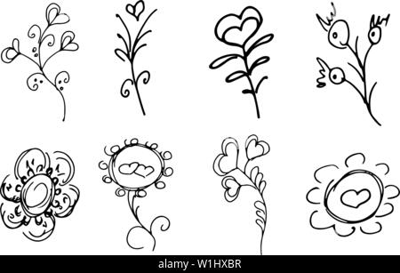 Blumen und Zweige Hand gezeichnet Sammlung auf weißem Hintergrund. Florale grafische Elemente. Große Vektor einrichten. Übersicht Sammlung. Stock Vektor