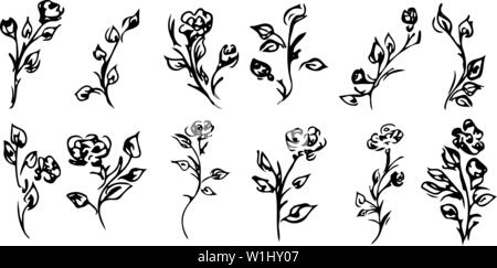 Blumen und Zweige auf weißem Hintergrund. Hand doodle Sammlung erstellt. 12 florale grafische Elemente. Große Vektor einrichten. Grenzen gesetzt. Stock Vektor