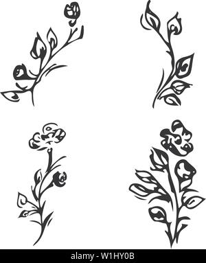 Blumen und Zweige auf weißem Hintergrund. Hand doodle Sammlung erstellt. 4 Blumen grafische Elemente. Große Vektor einrichten. Umrisse Symbole. Einfaches einstellen. Stock Vektor
