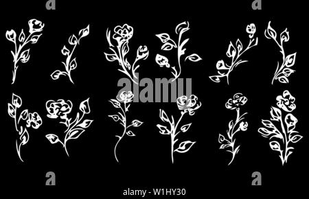 Blumen und Zweige auf schwarzem Hintergrund isoliert. Hand doodle Sammlung erstellt. 12 florale grafische Elemente. Große Vektor einrichten. Grenzen gesetzt. Stock Vektor