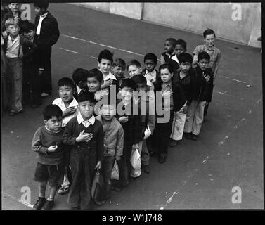 San Francisco, Kalifornien. Flagge der Treue versprechen im Raphael Weill öffentliche Schule, Geary und Buch. . .; Umfang und Inhalt: Der vollständige Titel für dieses Foto lautet: San Francisco, Kalifornien. Flagge der Treue versprechen im Raphael Weill öffentliche Schule, Geary und Buchanan Straßen. Kinder, die in Familien von japanischen Vorfahren waren mit ihren Eltern evakuiert und wird für die Dauer in War Relocation Authority Zentren, in denen Einrichtungen zur Verfügung gestellt werden, damit sie ihre Ausbildung fortsetzen untergebracht werden. Stockfoto