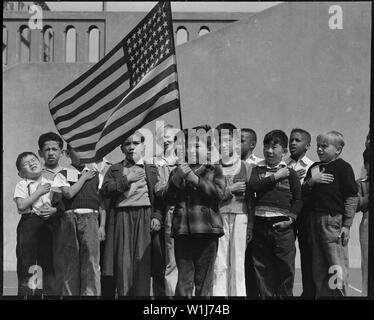 San Francisco, Kalifornien. Flagge der Treue versprechen im Raphael Weill öffentliche Schule, Geary und Buch. . .; Umfang und Inhalt: Der vollständige Titel für dieses Foto lautet: San Francisco, Kalifornien. Flagge der Treue versprechen im Raphael Weill öffentliche Schule, Geary und Buchanan Straßen. Kinder, die in Familien von japanischen Vorfahren waren mit ihren Eltern evakuiert und wird für die Dauer in War Relocation Authority Zentren, in denen Einrichtungen zur Verfügung gestellt werden, damit sie ihre Ausbildung fortsetzen untergebracht werden. Stockfoto