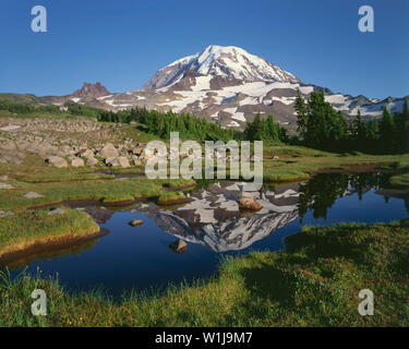 USA, Washington, Mt. Rainier National Park, Nordwesten von Mt. Rainier spiegelt sich in den kleinen Teich am Spray Park Stockfoto