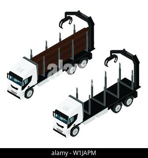 Realistische high Detail logging Truck und Rundholz isometrische Ansicht auf weißem Hintergrund Stock Vektor