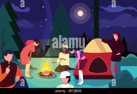 Camper auf dem Campingplatz mit Zelt und Lagerfeuer Nacht Szene Vector Illustration Design Stock Vektor