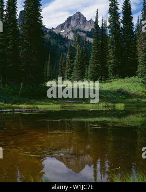 USA, Washington, Mt. Rainier National Park, Pinnacle Peak steigt über Reflexion Seen. Stockfoto