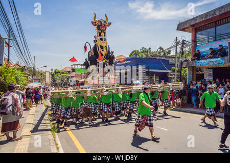 Ubud, Bali, Indonesien - 22. April 2019: Royal Einäscherung Zeremonie prepation. Balinesischen Hindus religion Prozession. Bade und Lembu Black Bull Symbol für Stockfoto