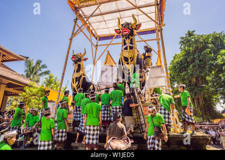 Ubud, Bali, Indonesien - 22. April 2019: Royal Einäscherung Zeremonie prepation. Balinesischen Hindus religion Prozession. Bade und Lembu Black Bull Symbol für Stockfoto
