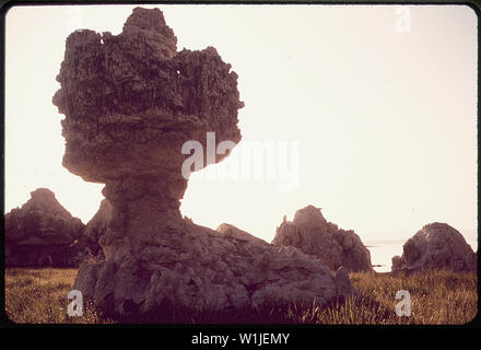 Die Ufer des Mono Lake. Der hohe Salzgehalt dieses Sees schafft Tufa Towers (poröse Gesteinsformationen) IN DER NÄHE DER BANKEN; Allgemeine Hinweise: Tuffstein Spalten am Mono Lake, Kalifornien. Stockfoto