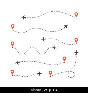 Satz von verschiedenen Flugzeug routen. Ebene Strecke Linien. Aircraft tracking Pfad Stock Vektor