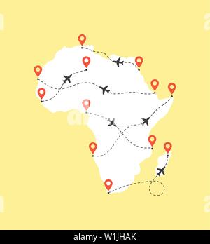 Afrika Karte mit Flug Pfade auf gelbem Hintergrund Stock Vektor