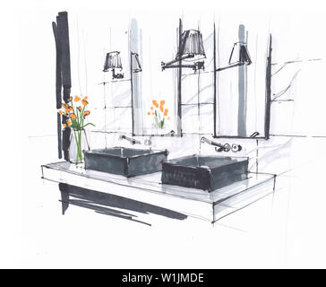 Handgefertigte Skizze eines luxuriösen, modernen Badezimmer, zwei Waschbecken mit Armaturen und Spiegel, an der Wand montierten Lampen und Blumen. Stockfoto