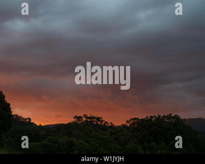 Feuriger Winteruntergang in Oz mit grau-violett-orange und rosa Wolken, die am Himmel und unter Bäumen leuchten Stockfoto