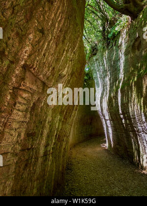 SOVANA, Toskana, Italien - 16. Juni 2019 über Cava, Höhle ie tiefen Schnitt Pfade von etruskischen Zivilisation durch Tuffstein erstellt, Sovana in der Maremma, Italien Stockfoto