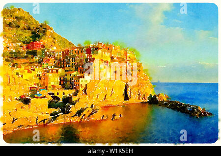 Aquarell von Sunset in Manarola, Cinque Terre (Italien) Stockfoto