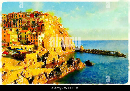 Aquarell von Sunset in Manarola, Cinque Terre (Italien) Stockfoto