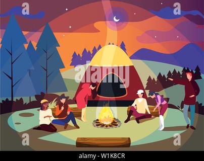 Camper auf dem Campingplatz mit Zelt und Lagerfeuer Nacht Szene Vector Illustration Design Stock Vektor