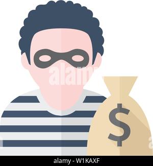 Einbrecher Symbol in flachen Farbe Stil. Menschen Person Dieb stiehlt Geld sack Dollarzeichen Stock Vektor