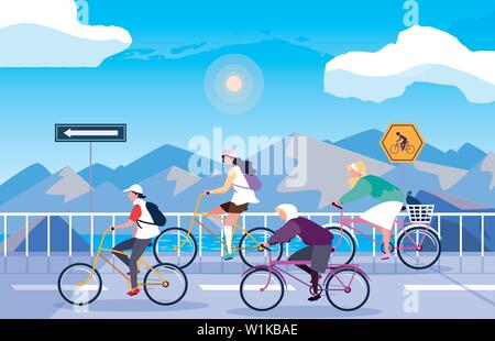 Menschen Reiten Fahrrad in snowscape mit Beschilderung für Radfahrer Vector Illustration Design Stock Vektor