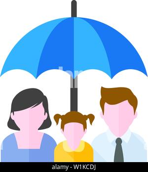 Familie Regenschirmsymbol in flachen Farbe Stil. Versicherungsschutz Sicherheit Eltern Kinder Bildung Stock Vektor