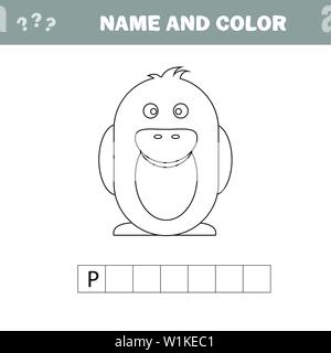 Cartoon penguin Kreuzworträtsel. Name und Farbe drucken Spiel für Kinder Stock Vektor