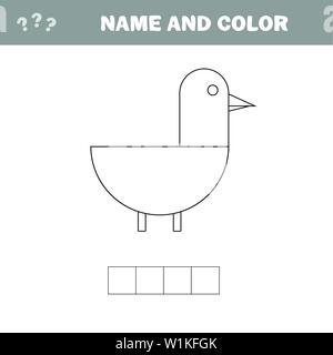 Name und Farbe - Arbeitsblätter für Kinder. Lernspiel für Kinder im Vorschulalter. Kreuzworträtsel - Vogel. Stock Vektor
