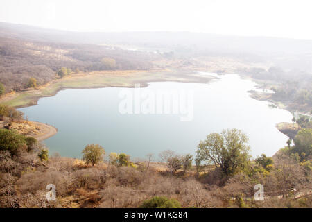 Blick auf den halb-Laubwald und See in den Subtropen. Winter auf Region Kajuraho, Indien. Stockfoto