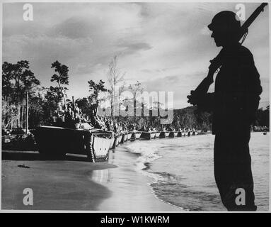 Wasserbüffel [amphibische Panzer] Line up für die Invasion von Kap Sansapor am westlichen Ende der Niederländisch Neuguinea. In der Silhouette, Küste der Scots Guards, Robert Campbell wacht.; Allgemeine Hinweise: Verwenden Sie Krieg und Konflikt Nummer 858 bei der Bestellung eine Reproduktion oder Anforderung von Informationen zu diesem Bild. Stockfoto